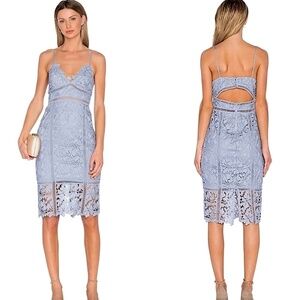 BARDOT Botanica Lace Sheath Dress Blue Knee Length V-Neck Cutout Back REVOLVE
